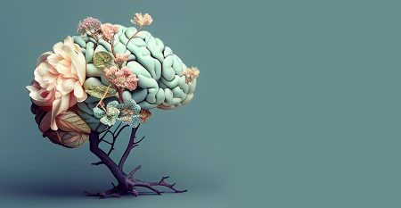 Human brain tree with flowers, self care and mental health concept, positive thinking, creative mind, generative AI
